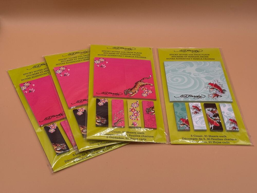 📝 Lot of 4 Ed Hardy Sticky Notes Page Flags Koi Fish Tiger Memo Pads NEW Sealed